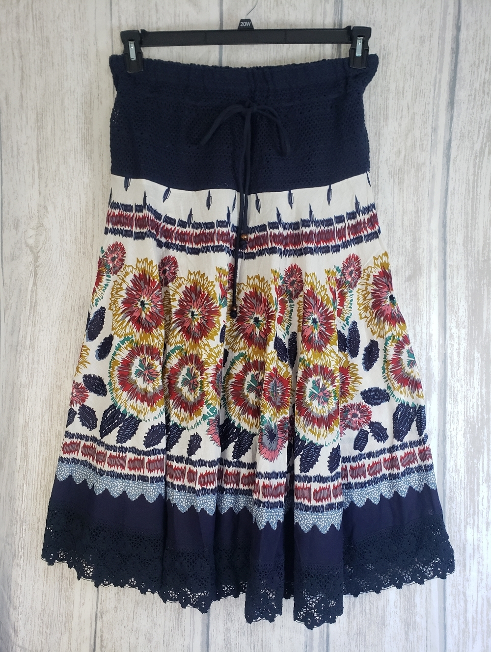 Lucky & Coco Boho Navy Crochet Floral Tiered Midi Skirt Colorful Cotton Large
